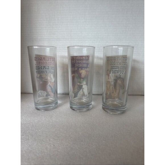 Set Of 3 Tall Funny Cowgirl Glasses  6 Inches Tall Each Glass Highball - Picture 8 of 10